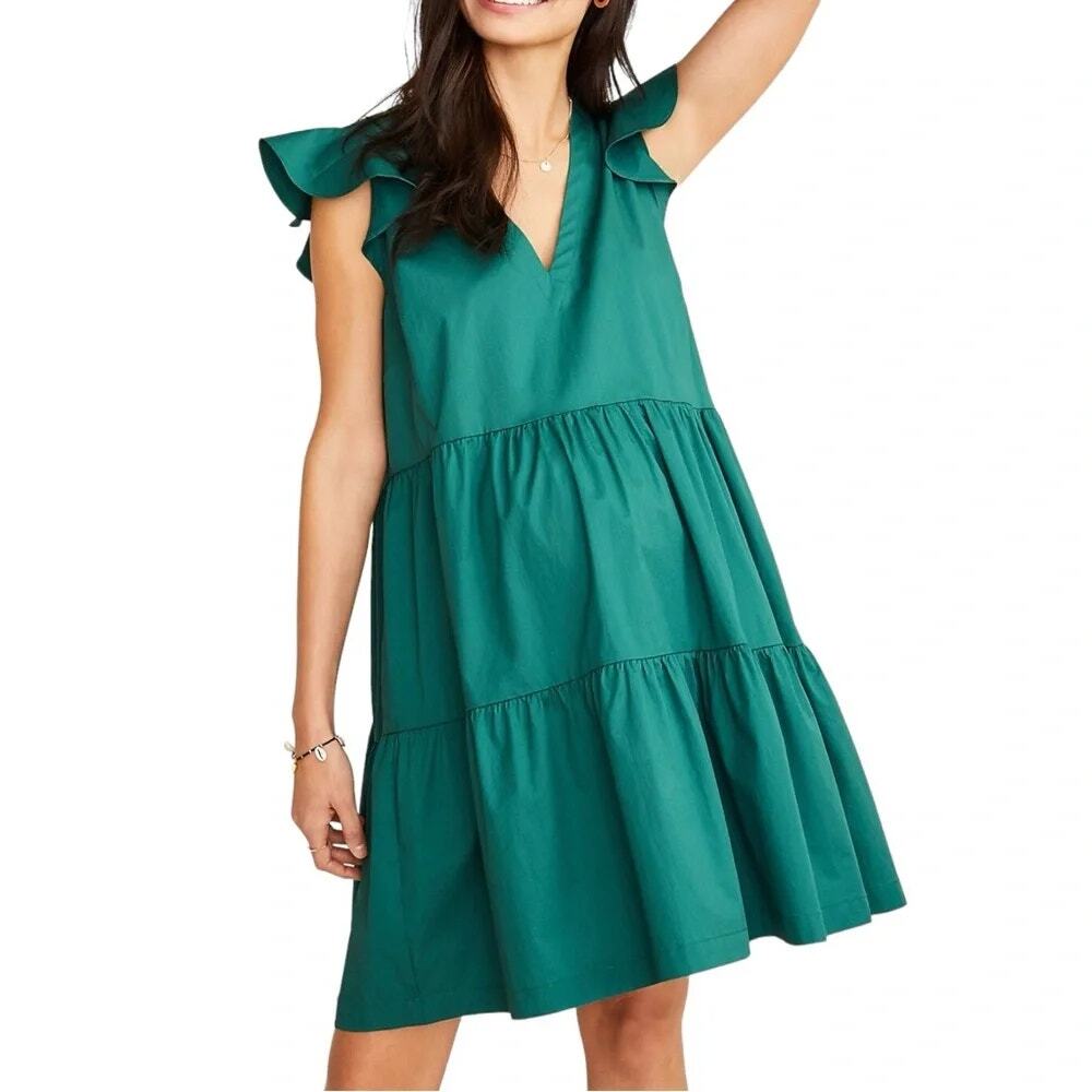 Hatch Collection Maternity Brooke V-Neck Tiered Mini Dress Green Women's 2 (M)